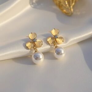 Gold Floral Pearl Drop Earrings
